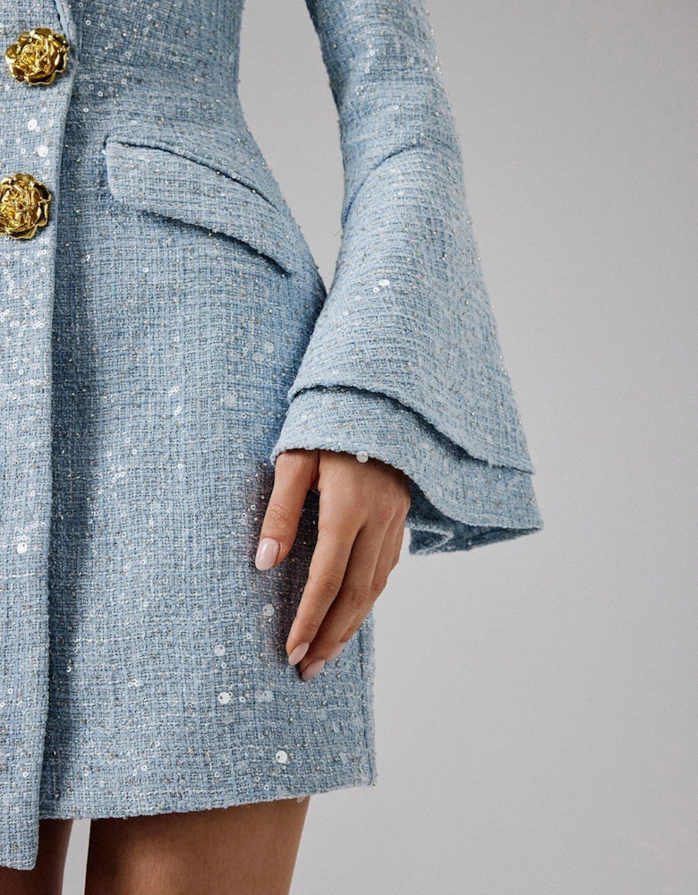 Boucle Oversized Rose Button Blazer Mini Dress - Blue