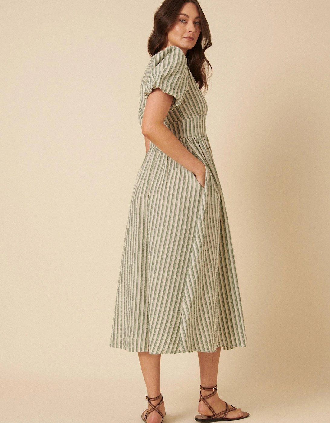 Seersucker Stripe Midaxi Dress - Green