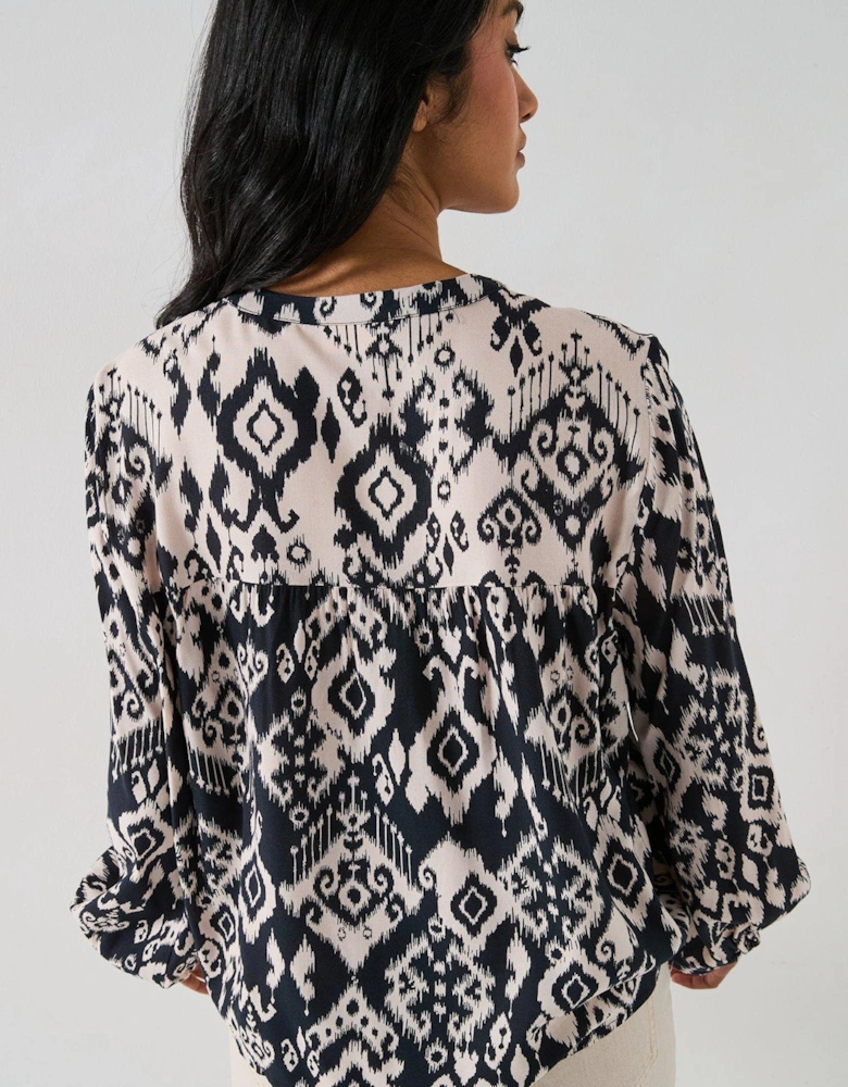 Printed Long Sleeve Blouse - Black