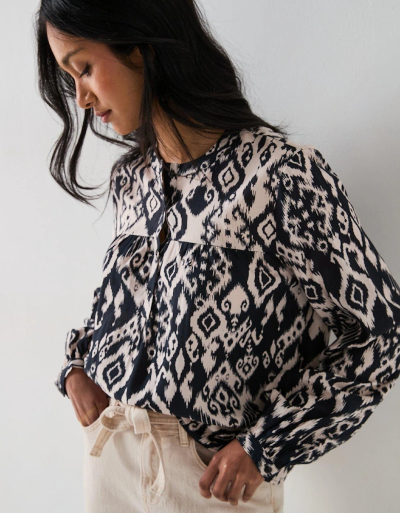 Printed Long Sleeve Blouse - Black