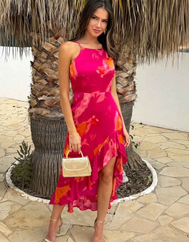 Smudge Print Racer Neck Hem Midi Dress - Pink