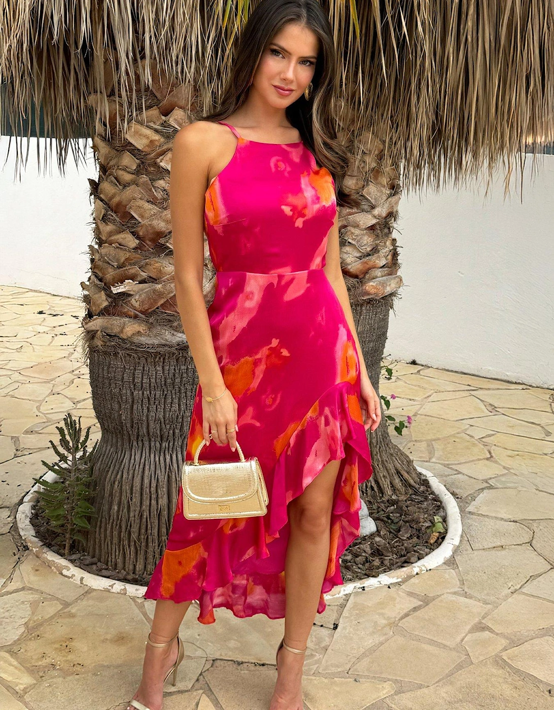 Smudge Print Racer Neck Hem Midi Dress - Pink