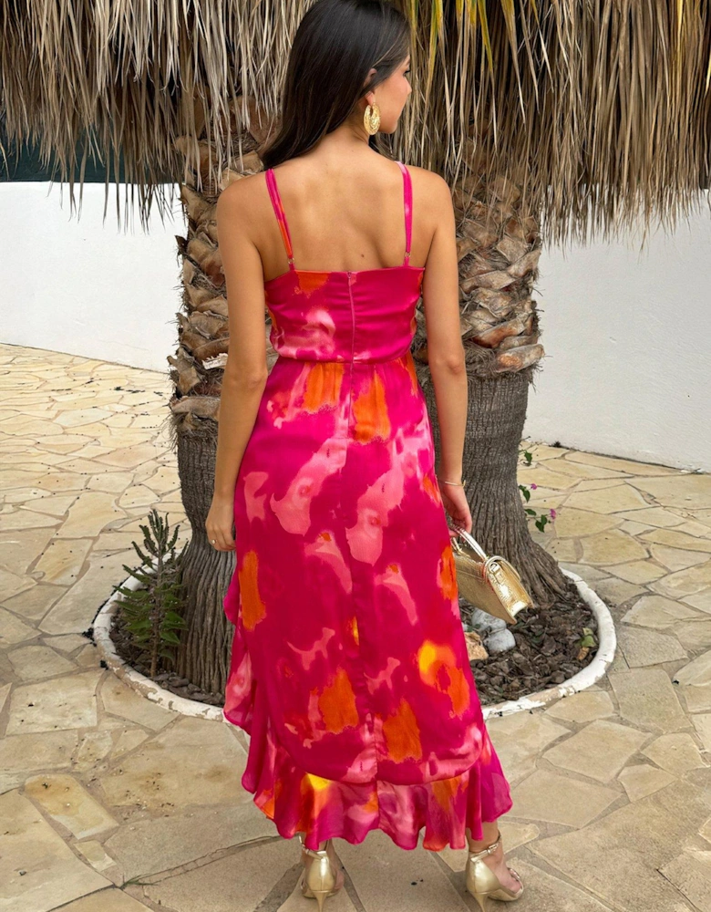 Smudge Print Racer Neck Hem Midi Dress - Pink