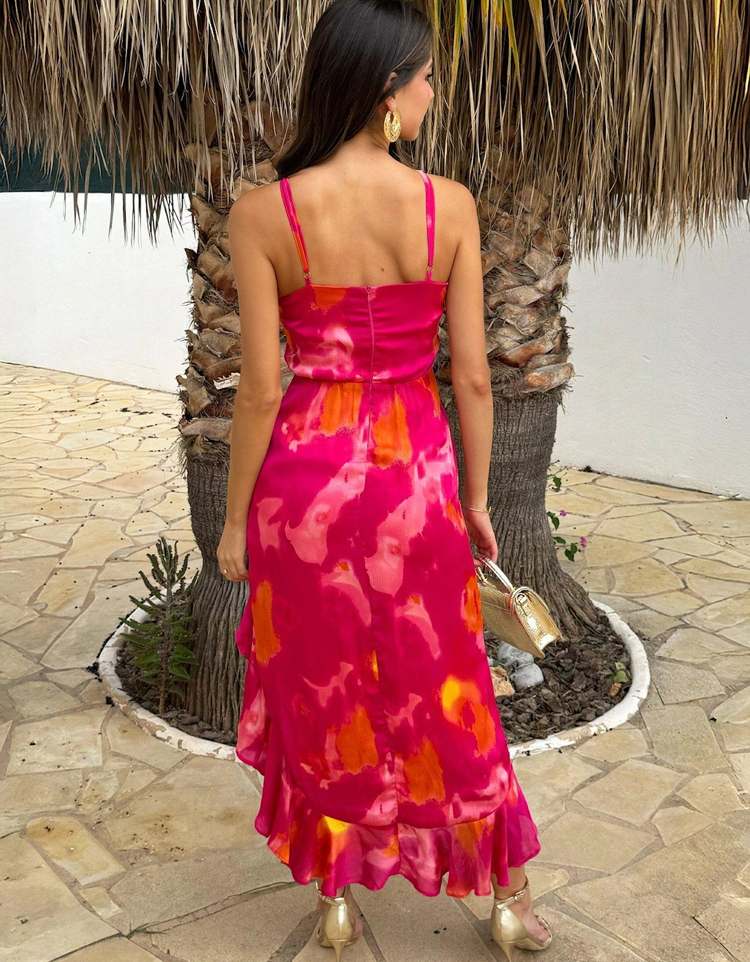Smudge Print Racer Neck Hem Midi Dress - Pink