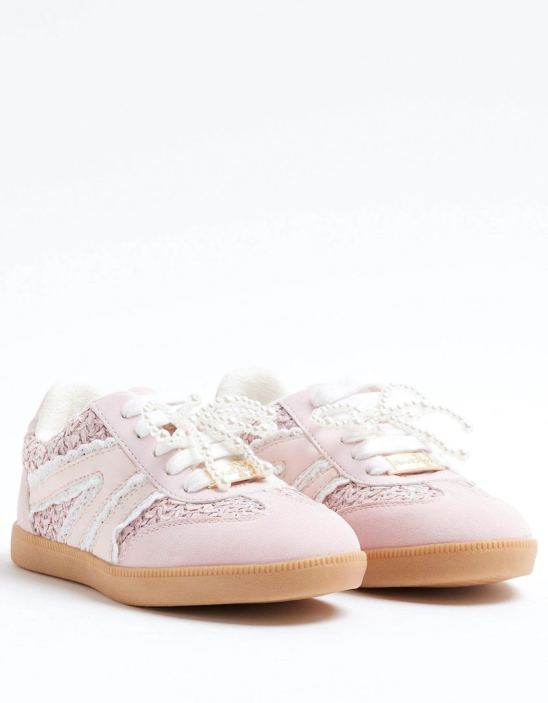 Girls Raffia Pearl Trainers - Light Pink
