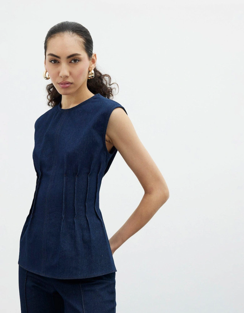 Pintuck Stretch Denim Top - Dark Blue