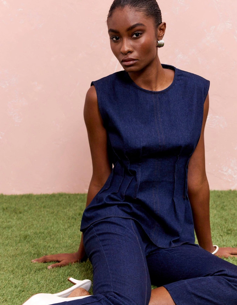 Pintuck Stretch Denim Top - Dark Blue