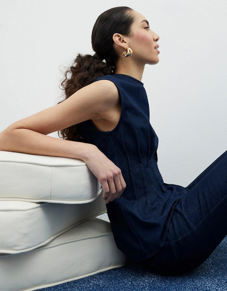 Pintuck Stretch Denim Top - Dark Blue