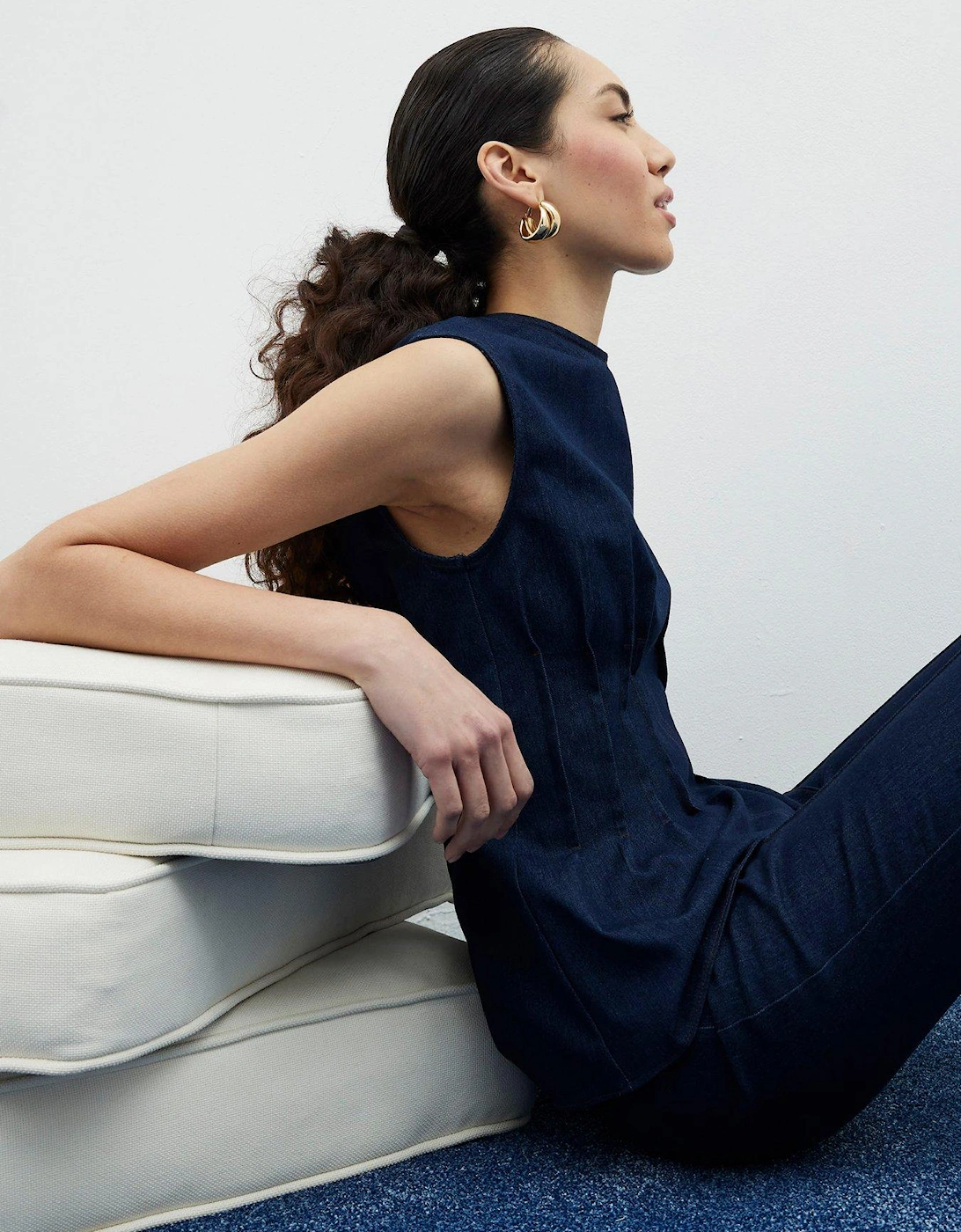 Pintuck Stretch Denim Top - Dark Blue