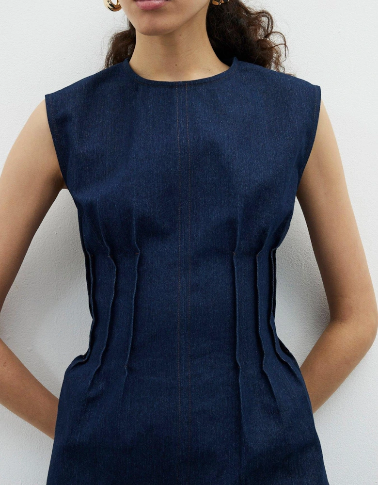 Pintuck Stretch Denim Top - Dark Blue