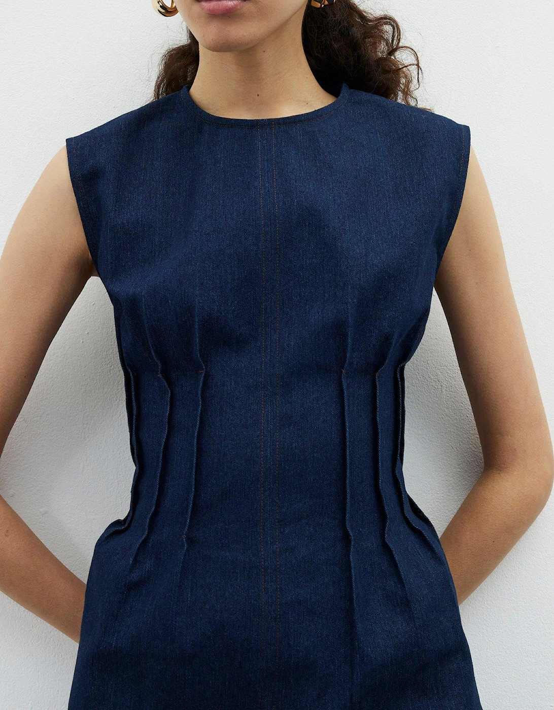Pintuck Stretch Denim Top - Dark Blue