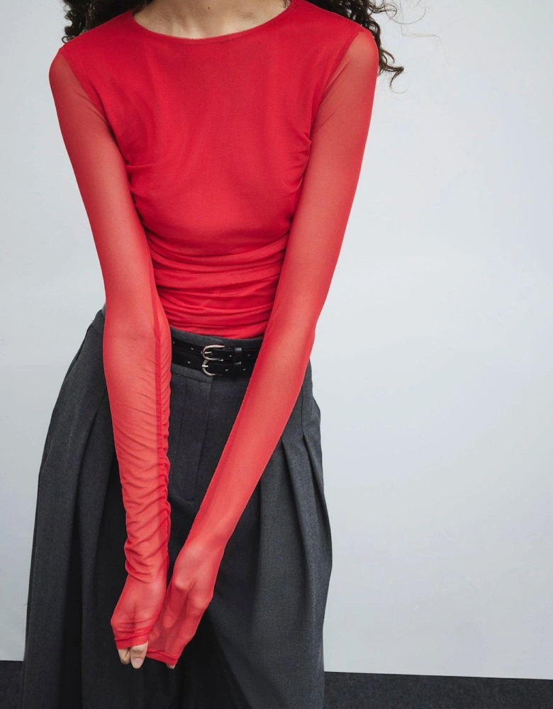 Ruched Side Mesh Top - Red