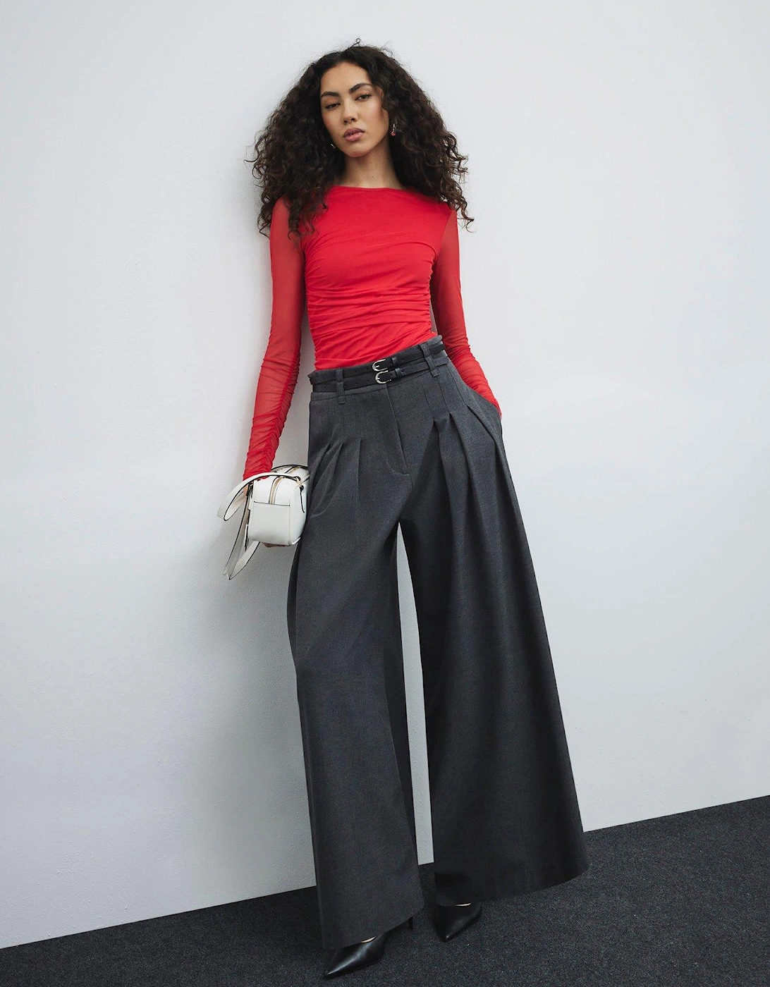 Ruched Side Mesh Top - Red