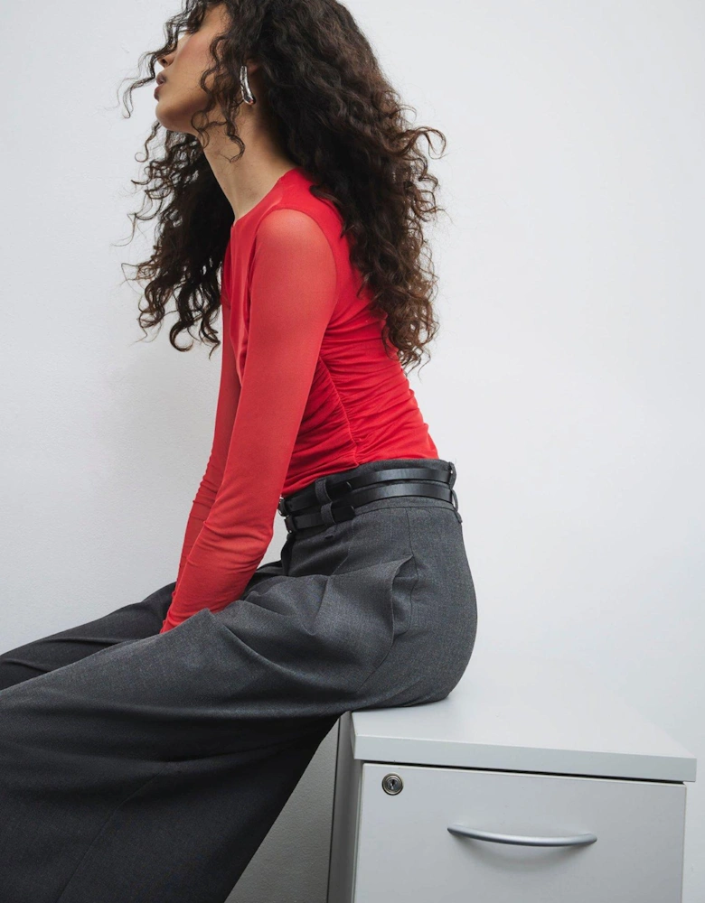 Ruched Side Mesh Top - Red