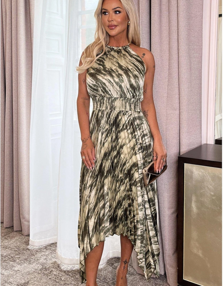 Snake Print Racer Neck Zig Zag Hem Pleated Midi Dress - Olive