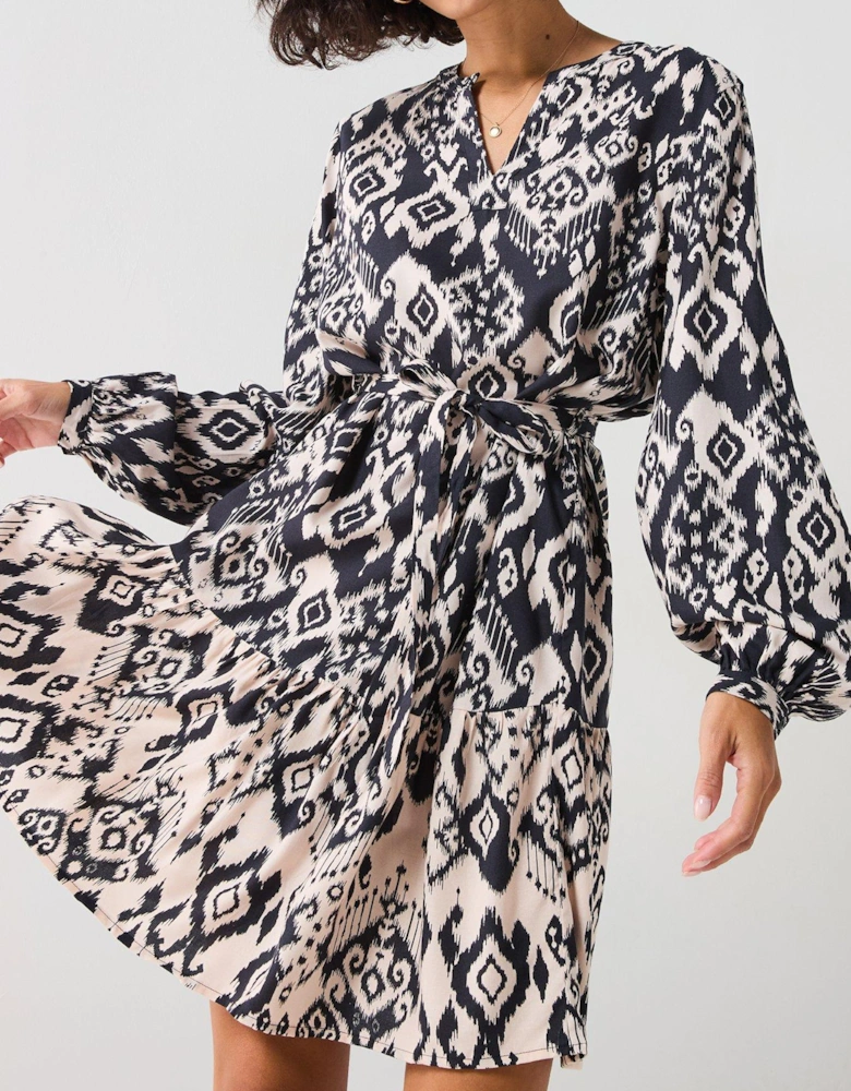 Printed Long Sleeve Mini Dress - Black