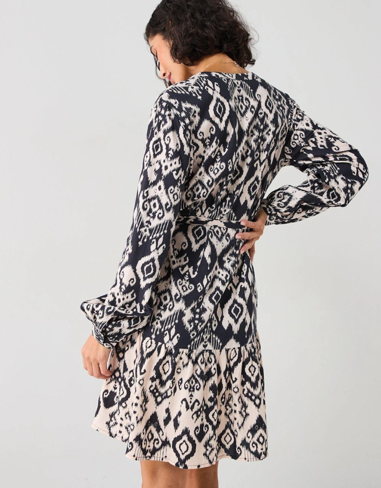 Printed Long Sleeve Mini Dress - Black