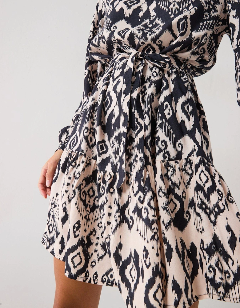 Printed Long Sleeve Mini Dress - Black