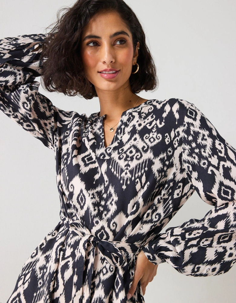 Printed Long Sleeve Mini Dress - Black