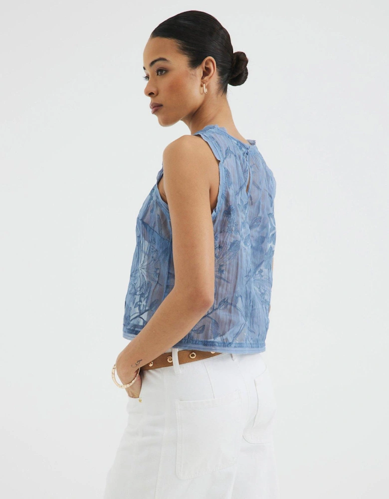 Sleeveless Floral Embroidered Tank Top - Blue