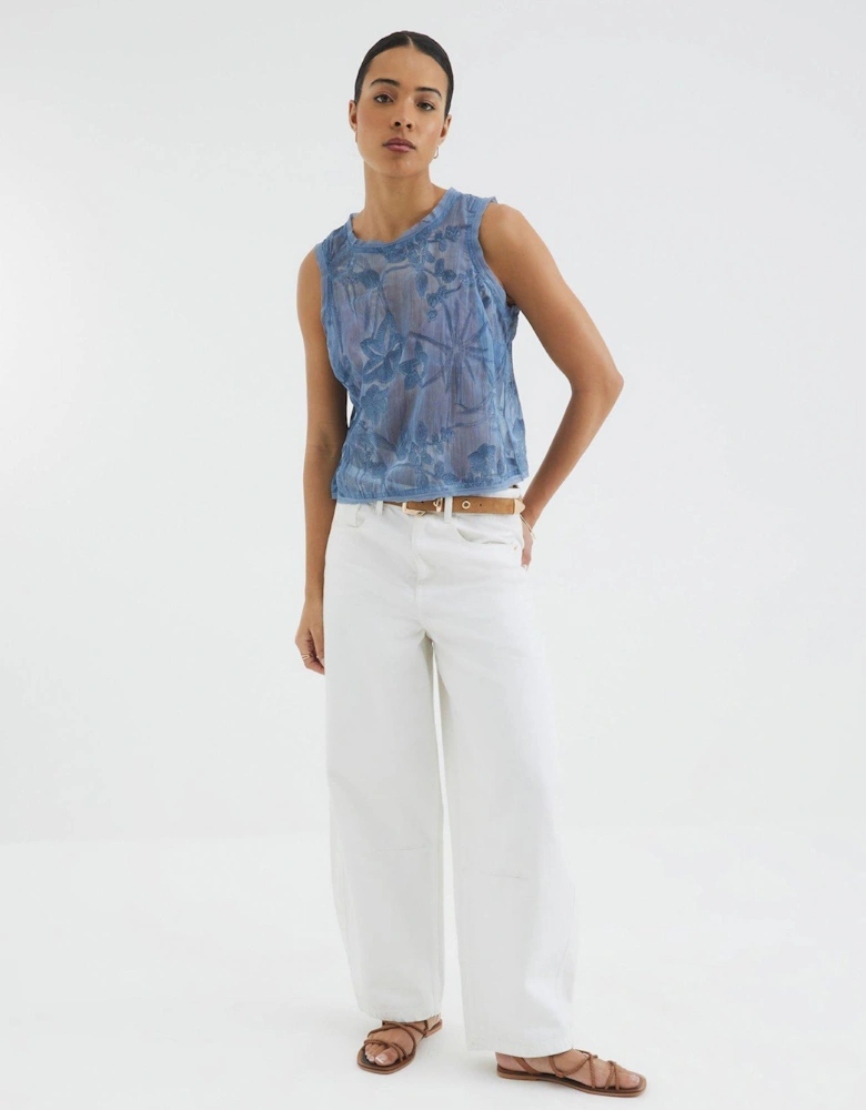 Sleeveless Floral Embroidered Tank Top - Blue