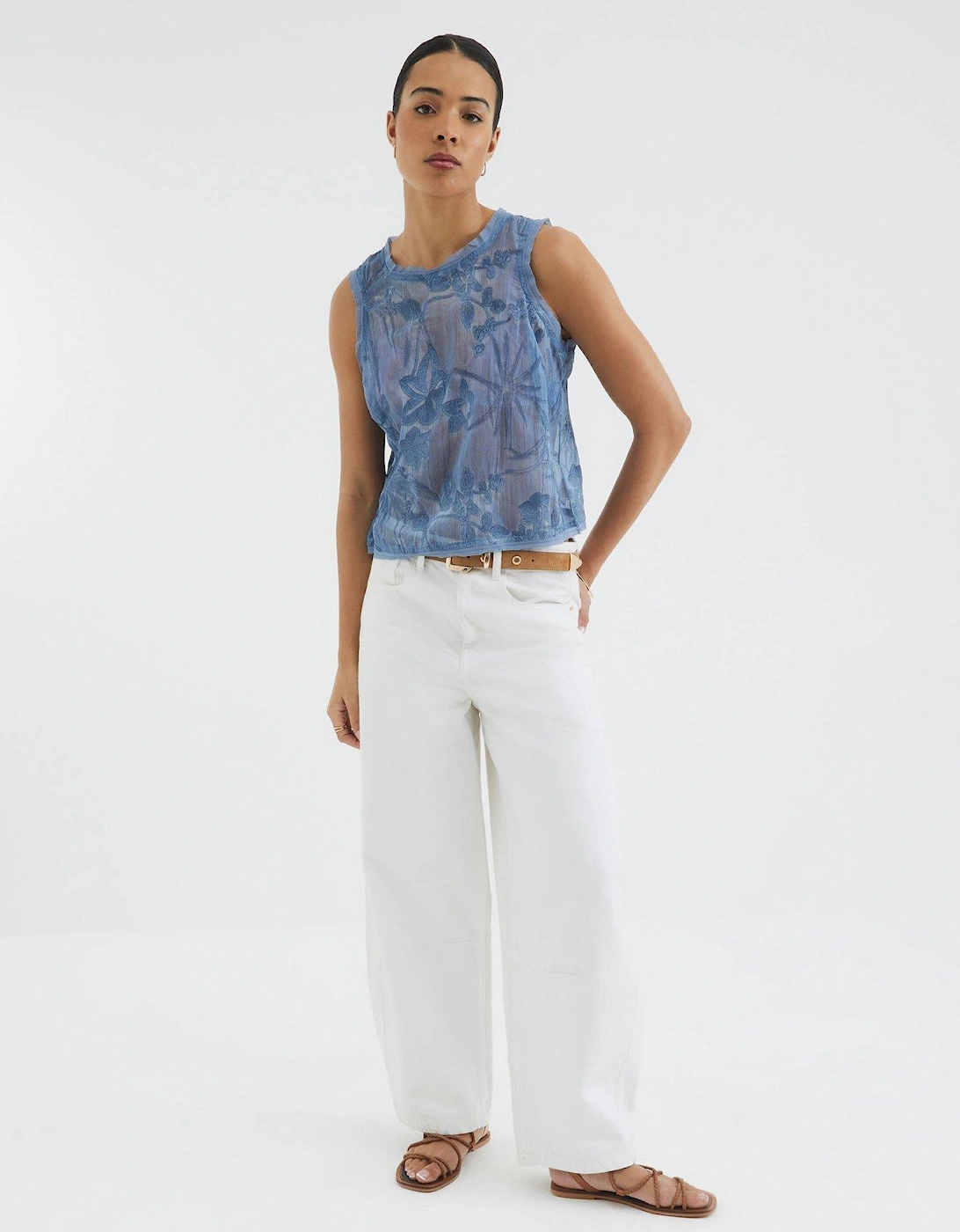 Sleeveless Floral Embroidered Tank Top - Blue