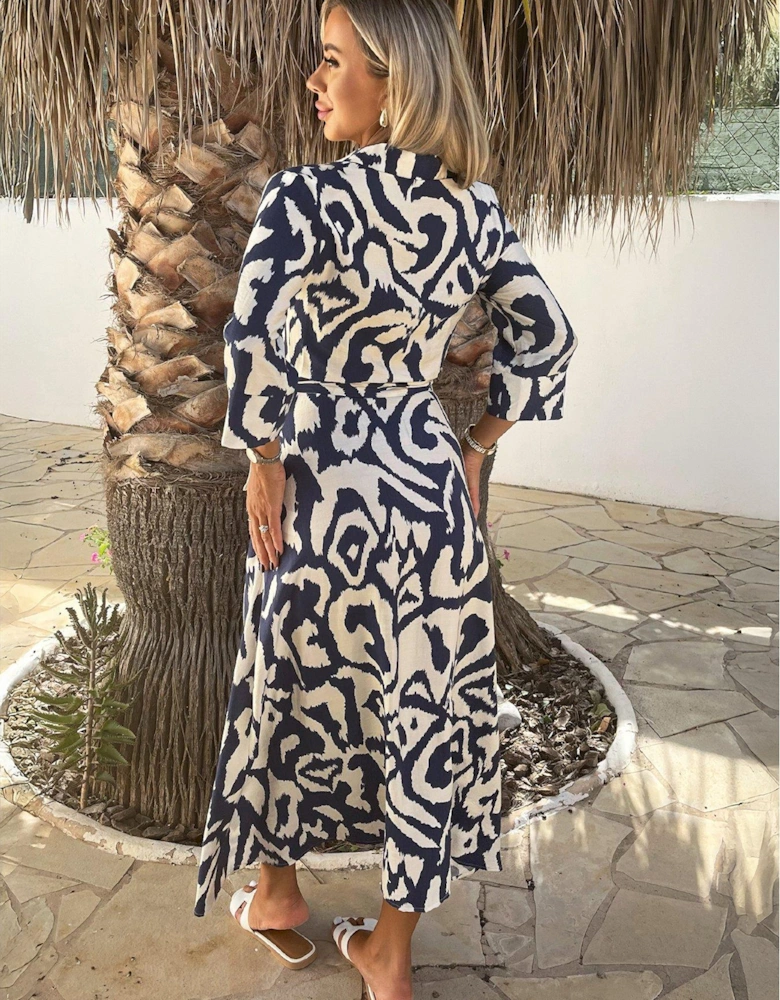 Abstract Print 3/4 Sleeve Tie Waist Shirt Midi Dress - Navy