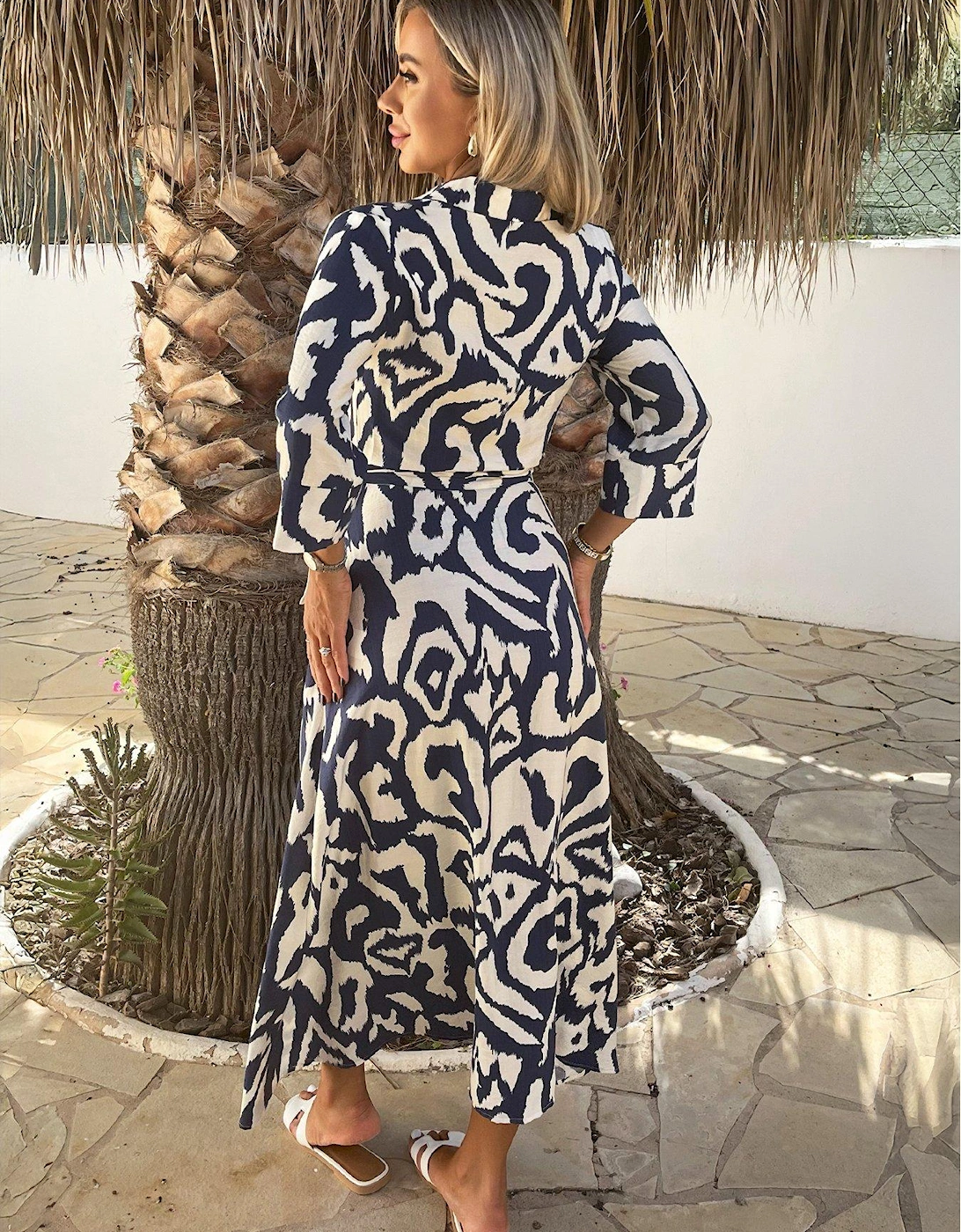 Abstract Print 3/4 Sleeve Tie Waist Shirt Midi Dress - Navy
