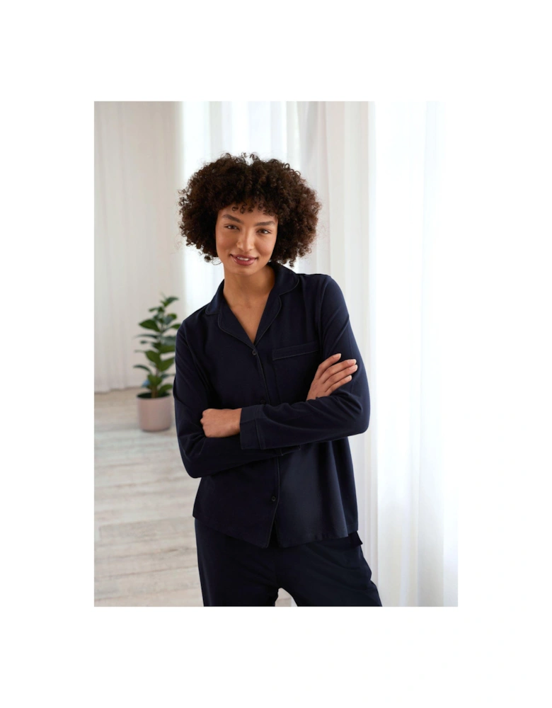 Button Up Long Pyjama Set In Jersey Cotton - Navy
