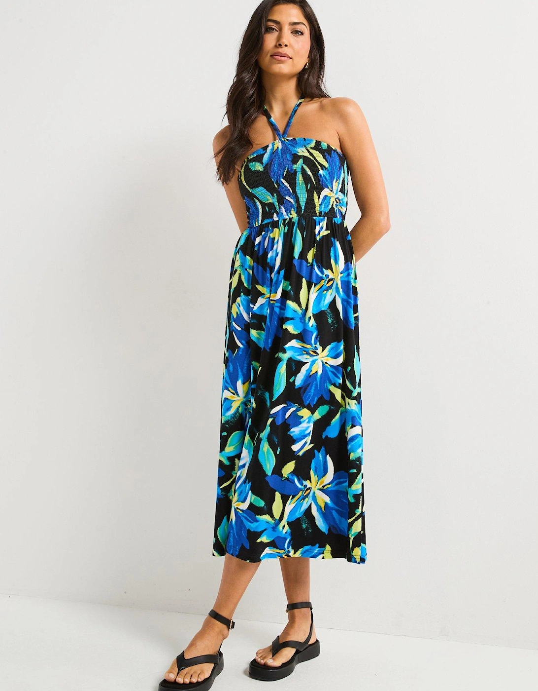 Halter Shirred Bandeau Midaxi Dress - Print
