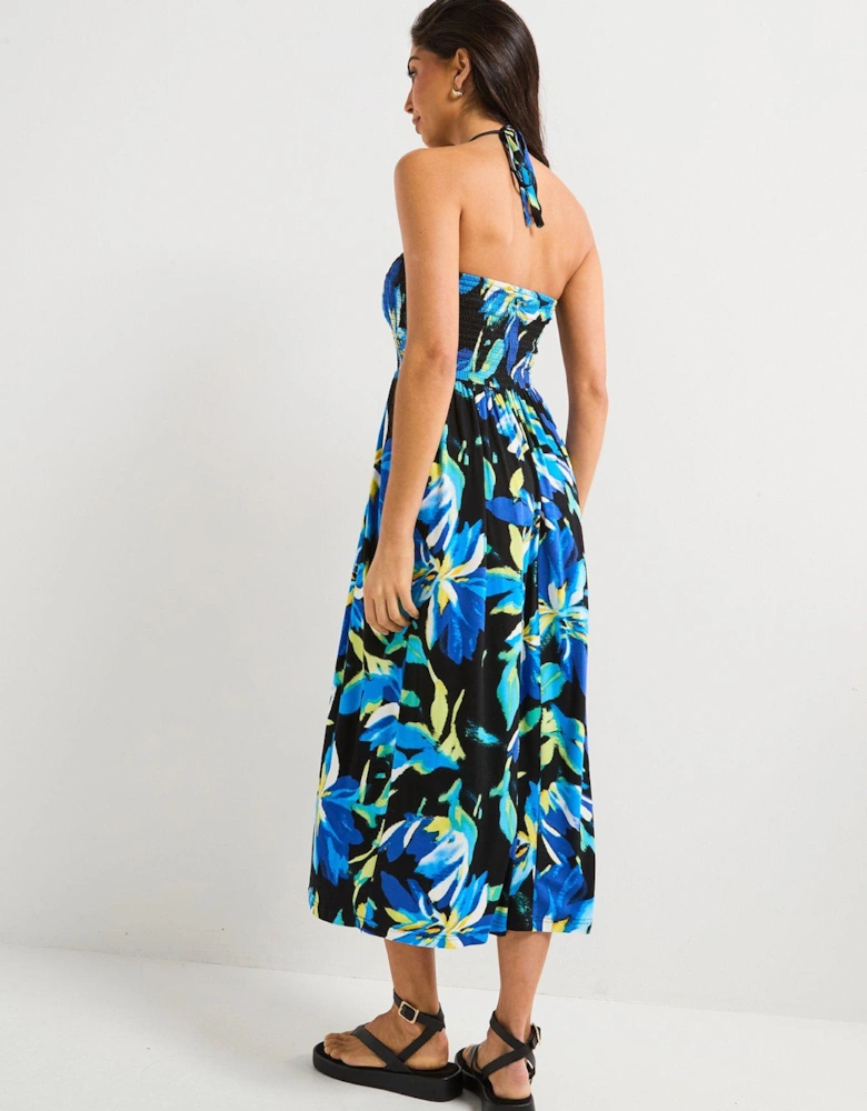 Halter Shirred Bandeau Midaxi Dress - Print