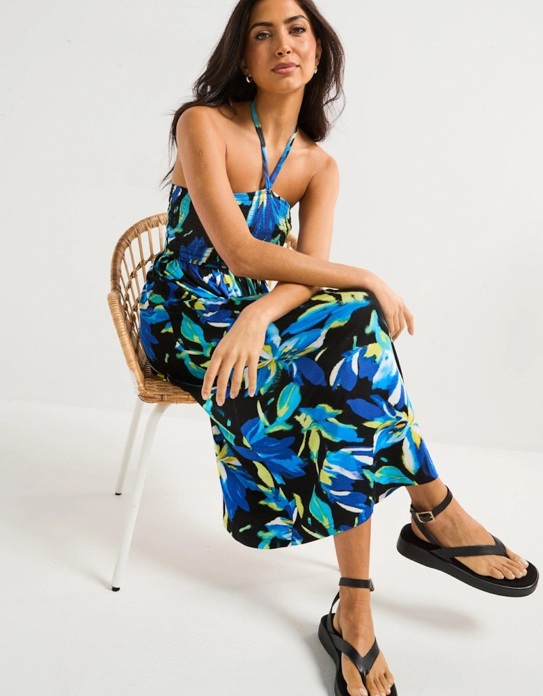 Halter Shirred Bandeau Midaxi Dress - Print