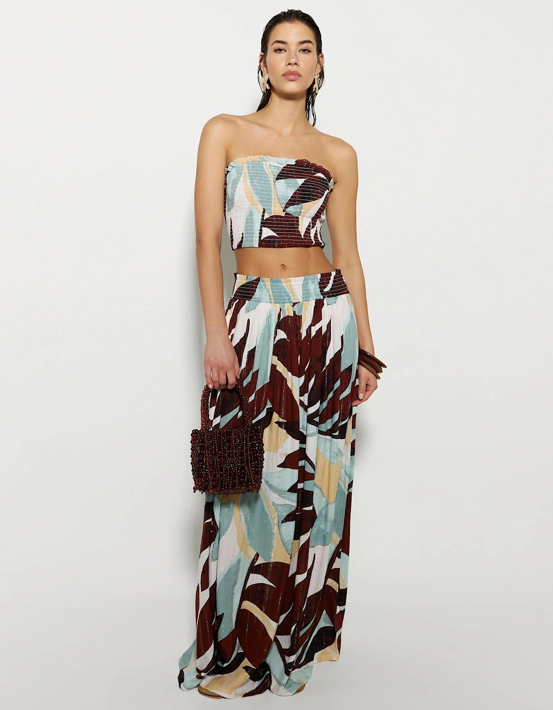 Leaf Shirred Bandeau Top Co-Ord - Blue