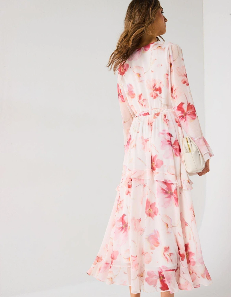 Kya Long Sleeve Frill Midi Dress - Multi