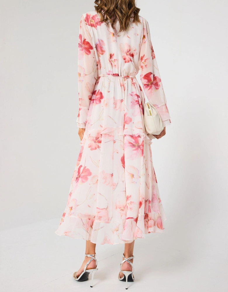 Kya Long Sleeve Frill Midi Dress - Multi