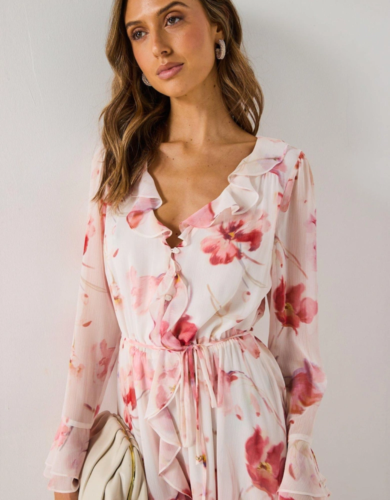 Kya Long Sleeve Frill Midi Dress - Multi