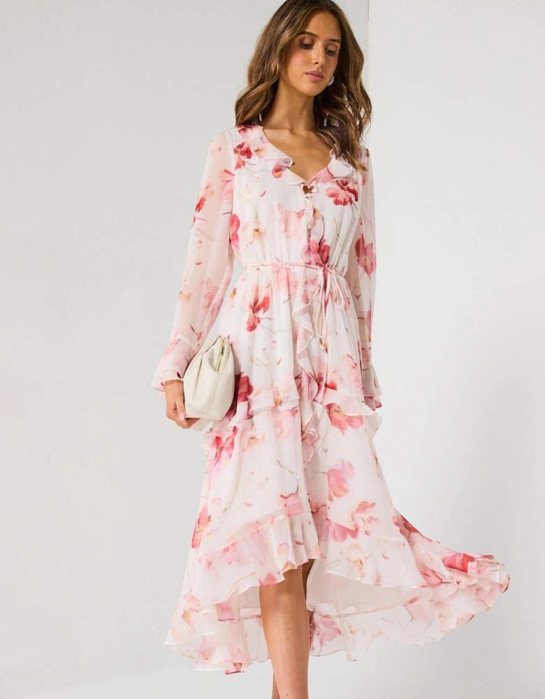 Kya Long Sleeve Frill Midi Dress - Multi