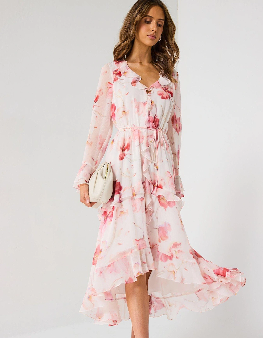 Kya Long Sleeve Frill Midi Dress - Multi