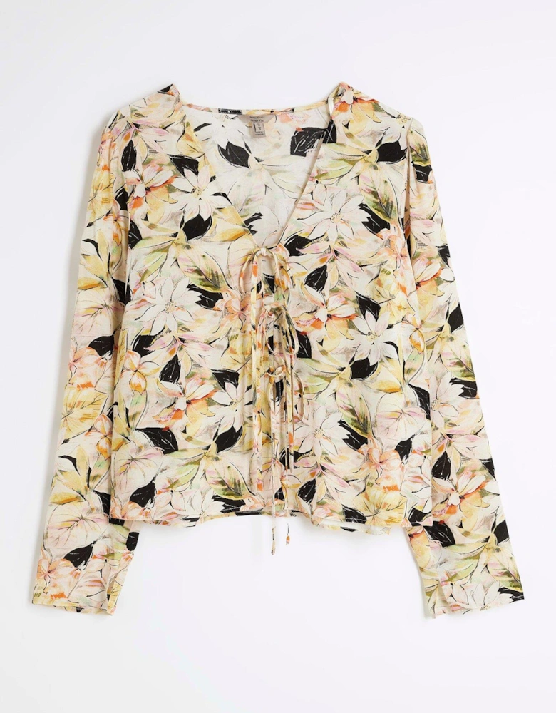 Floral Tie Front Top - Yellow
