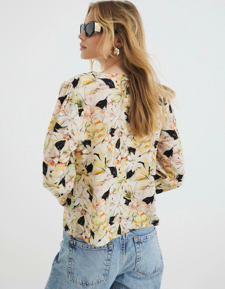 Floral Tie Front Top - Yellow