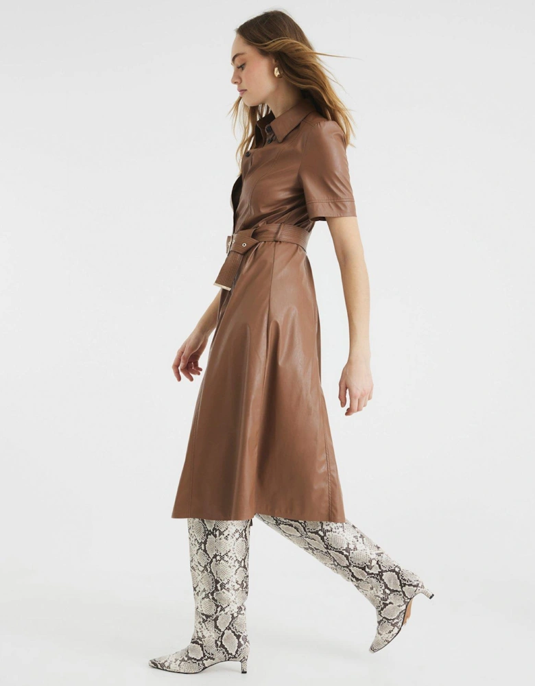 PU Shirt Midi Dress - Brown