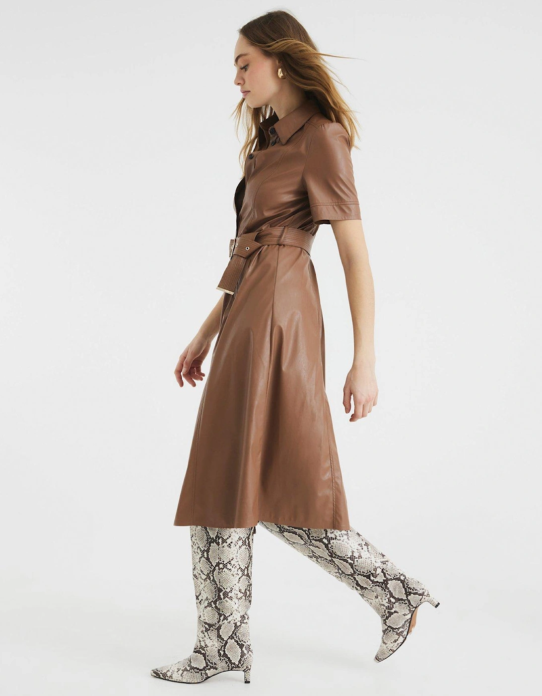 PU Shirt Midi Dress - Brown