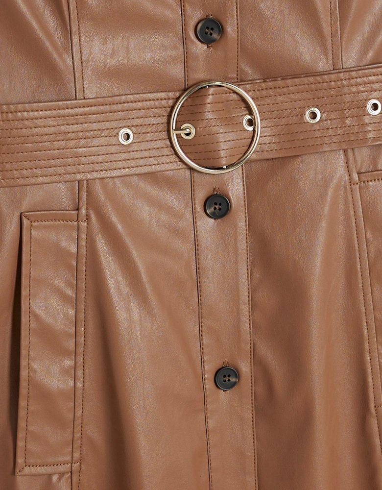 PU Shirt Midi Dress - Brown