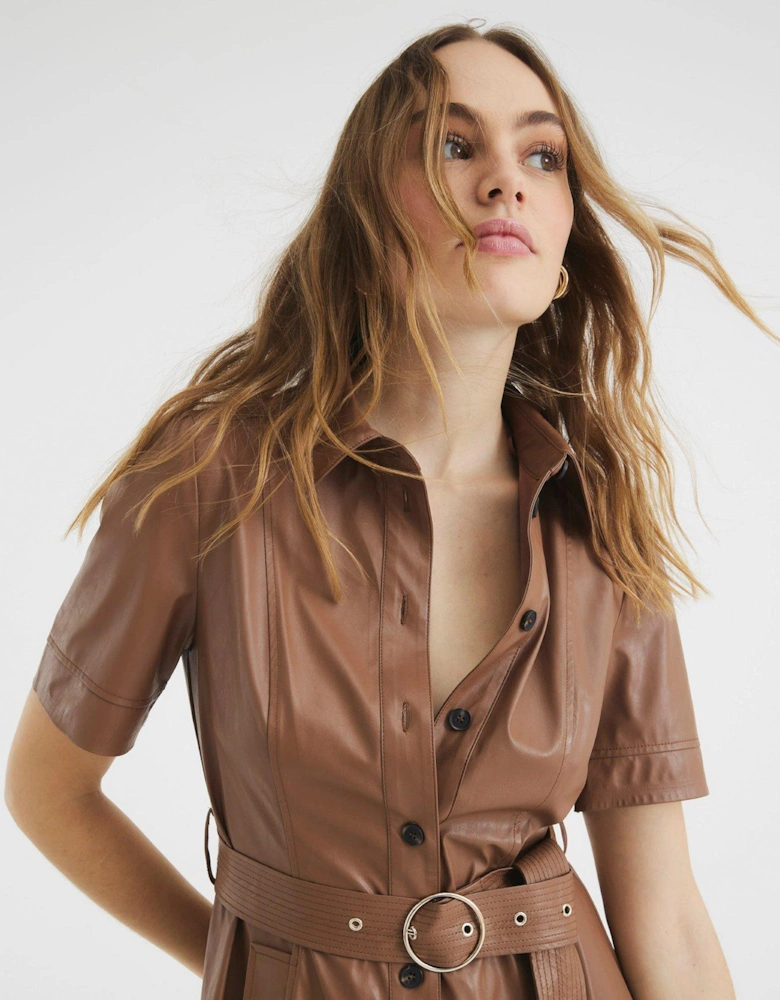 PU Shirt Midi Dress - Brown