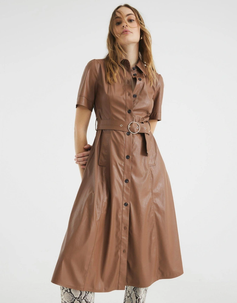 PU Shirt Midi Dress - Brown