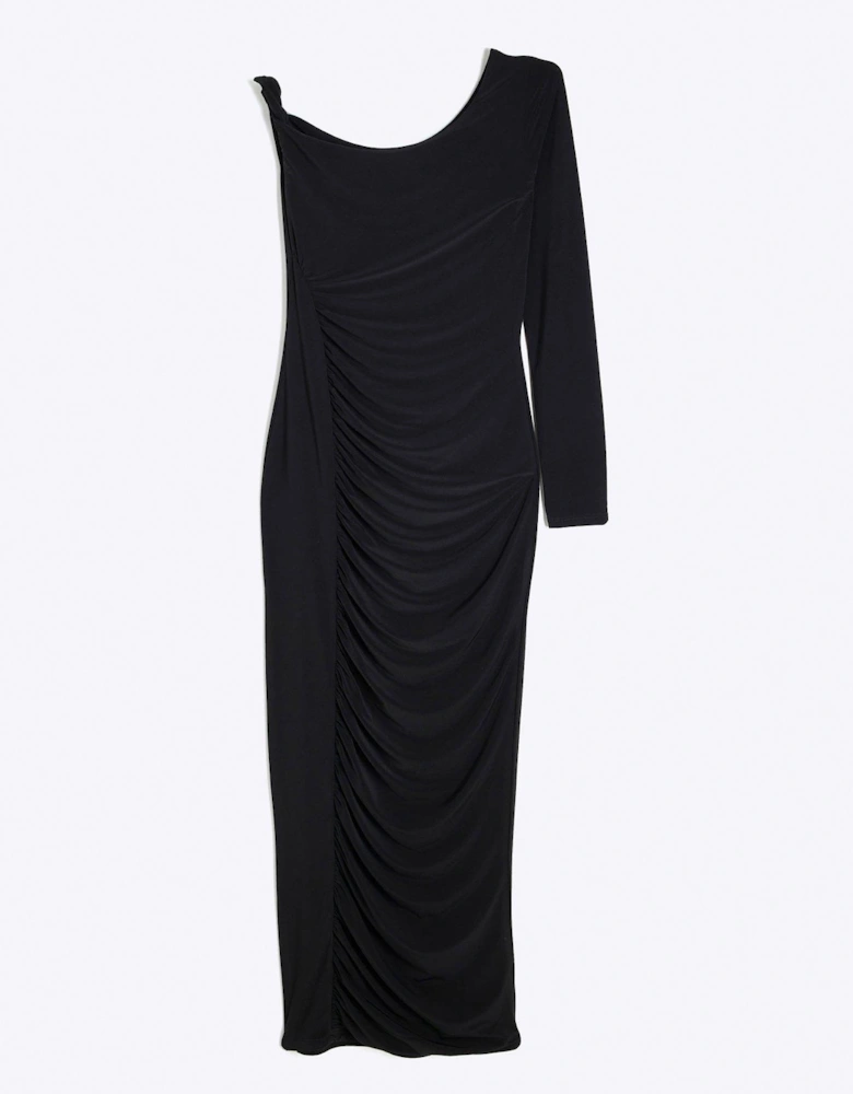 Asymmetric Twist Ruched Midi Dress - Black