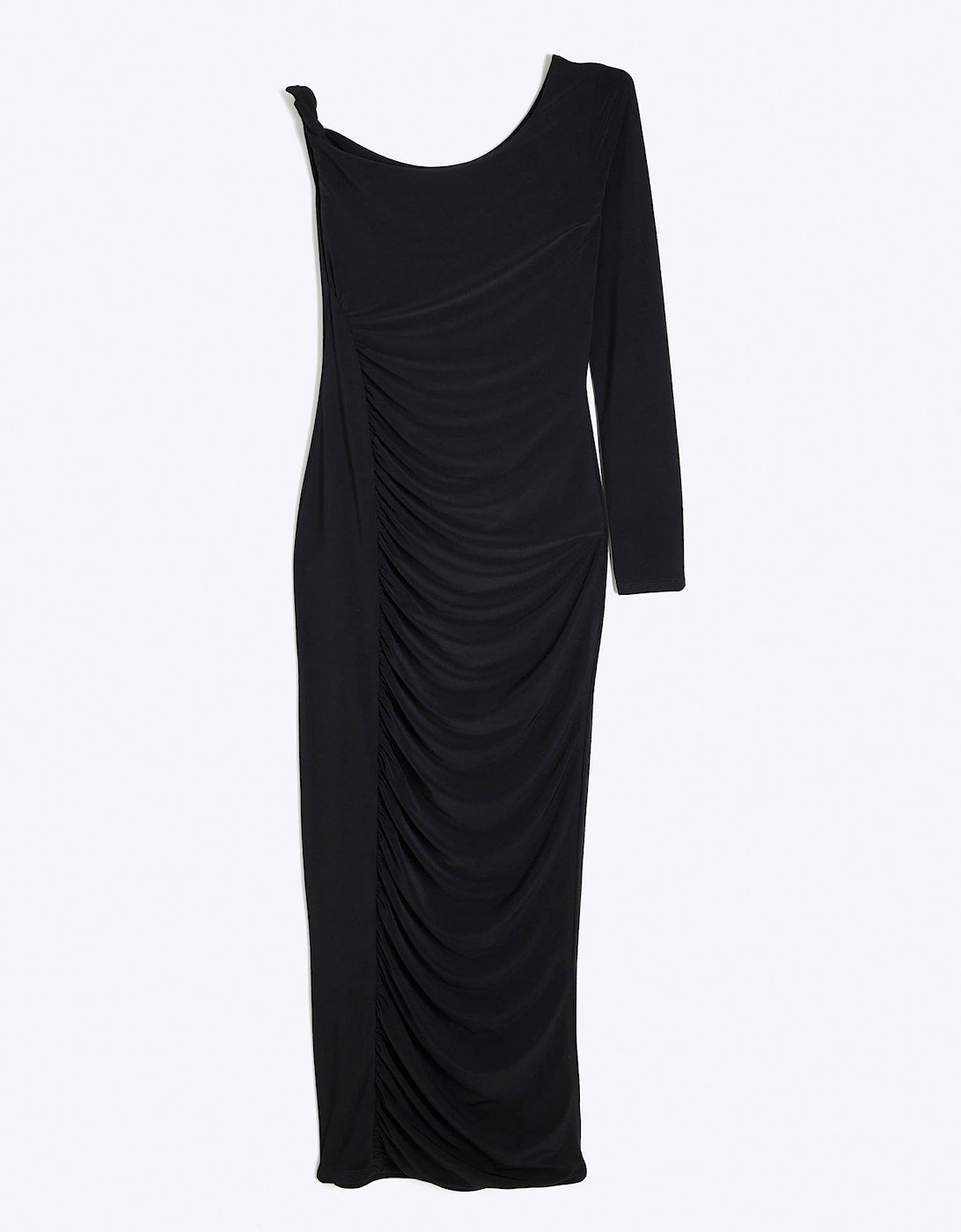 Asymmetric Twist Ruched Midi Dress - Black