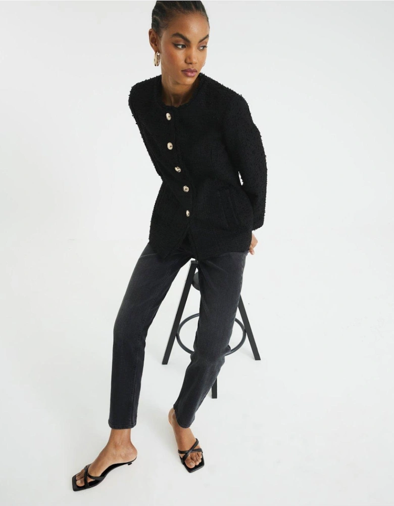 Collarless Boucle Jacket - Black