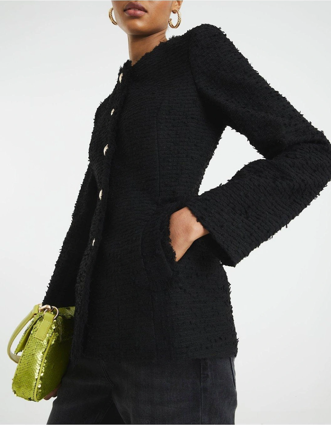 Collarless Boucle Jacket - Black