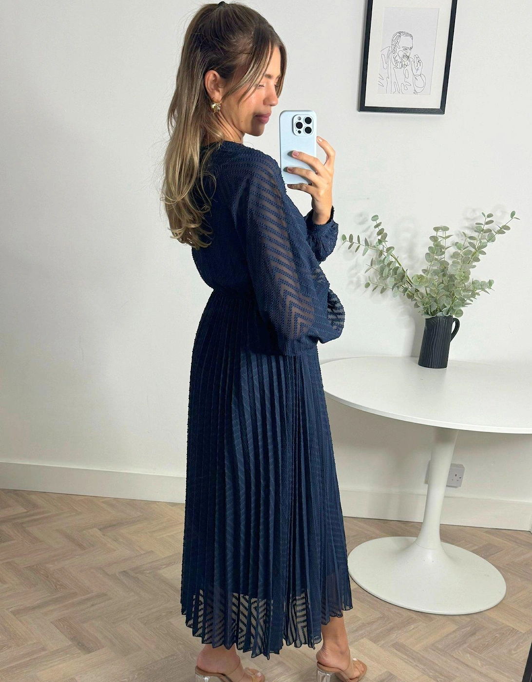 Button Pleat Detail Dress - Navy